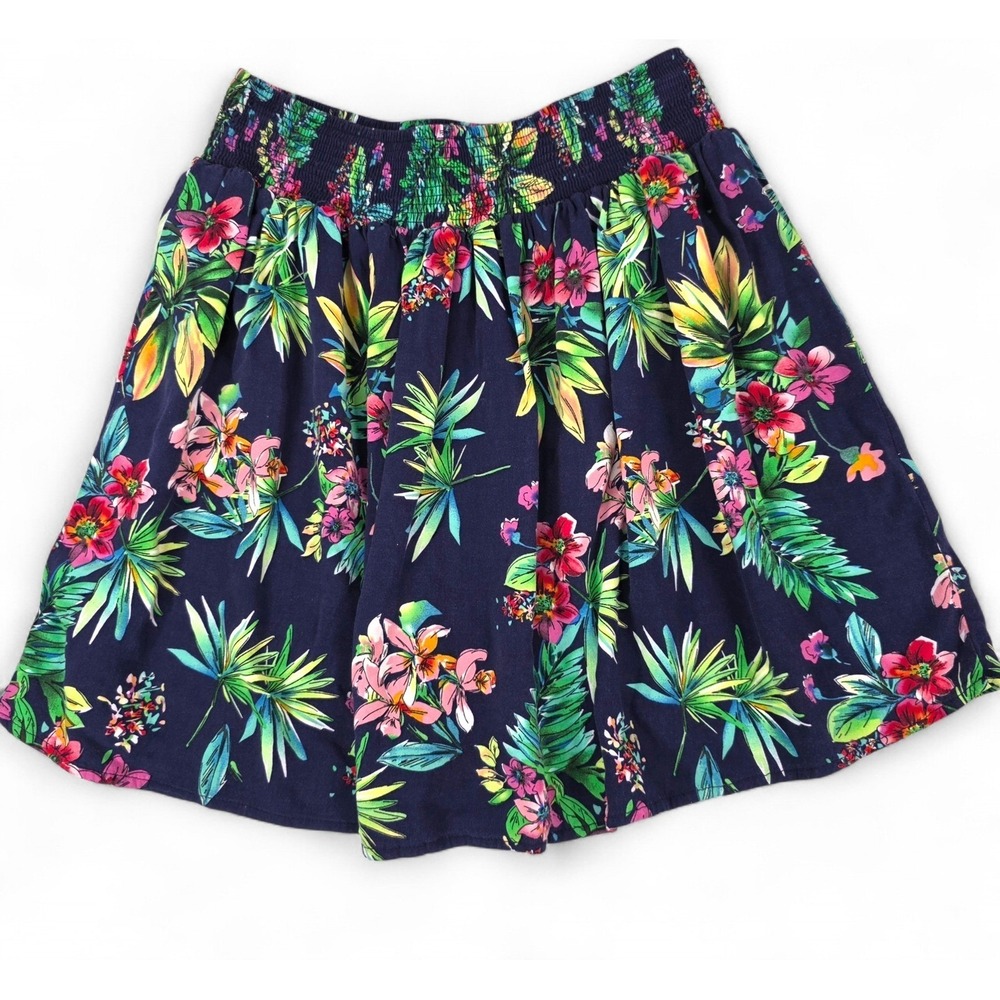 Rachel Roy Floral Mini Skirt Navy Blue Tropical Smocked Waist Rayon Size S